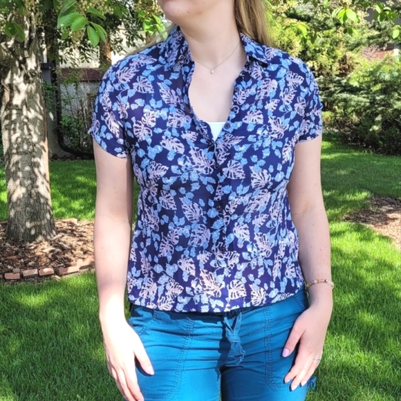 Vintage Japanese silk shirt Navy Blue leaf print - Picture 2 of 9